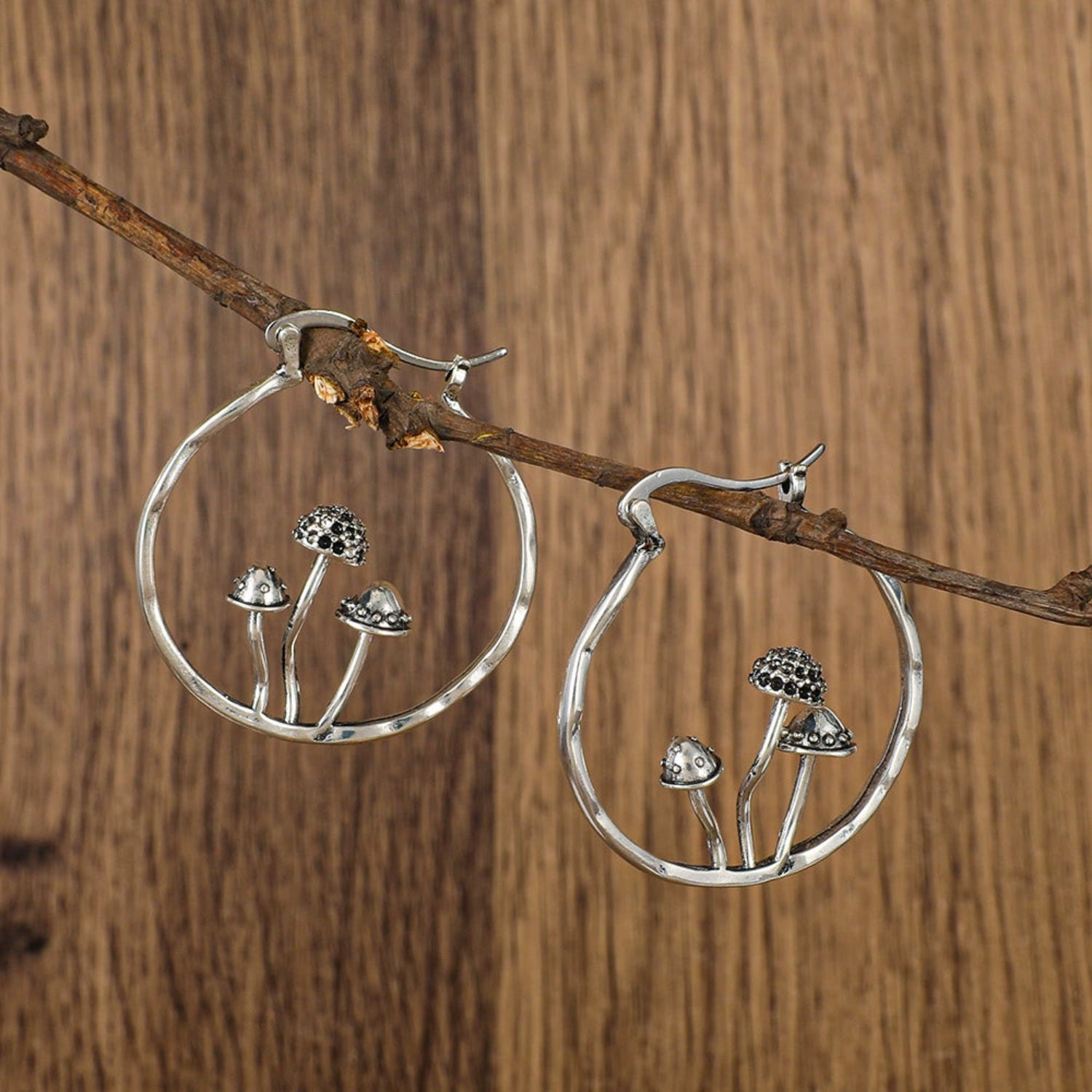 Silver Mushroom Forest Hoop Earrings JLT13581