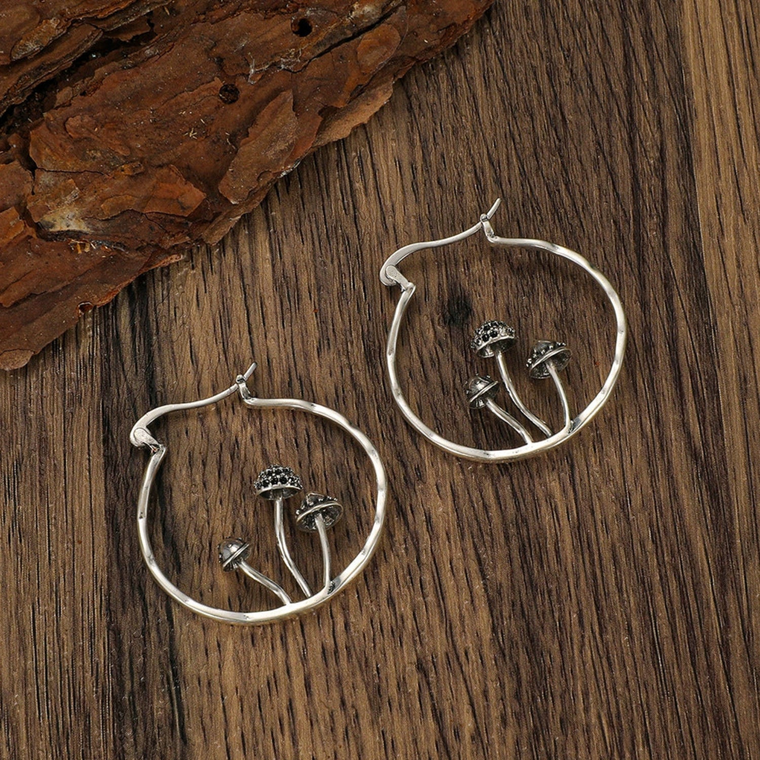 Silver Mushroom Forest Hoop Earrings JLT13581
