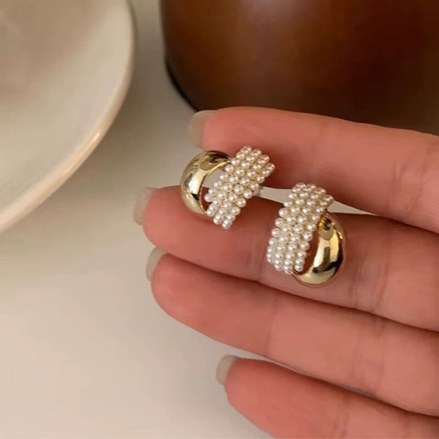 Layered Pearl Gold C-Hoop Earrings JLT13717
