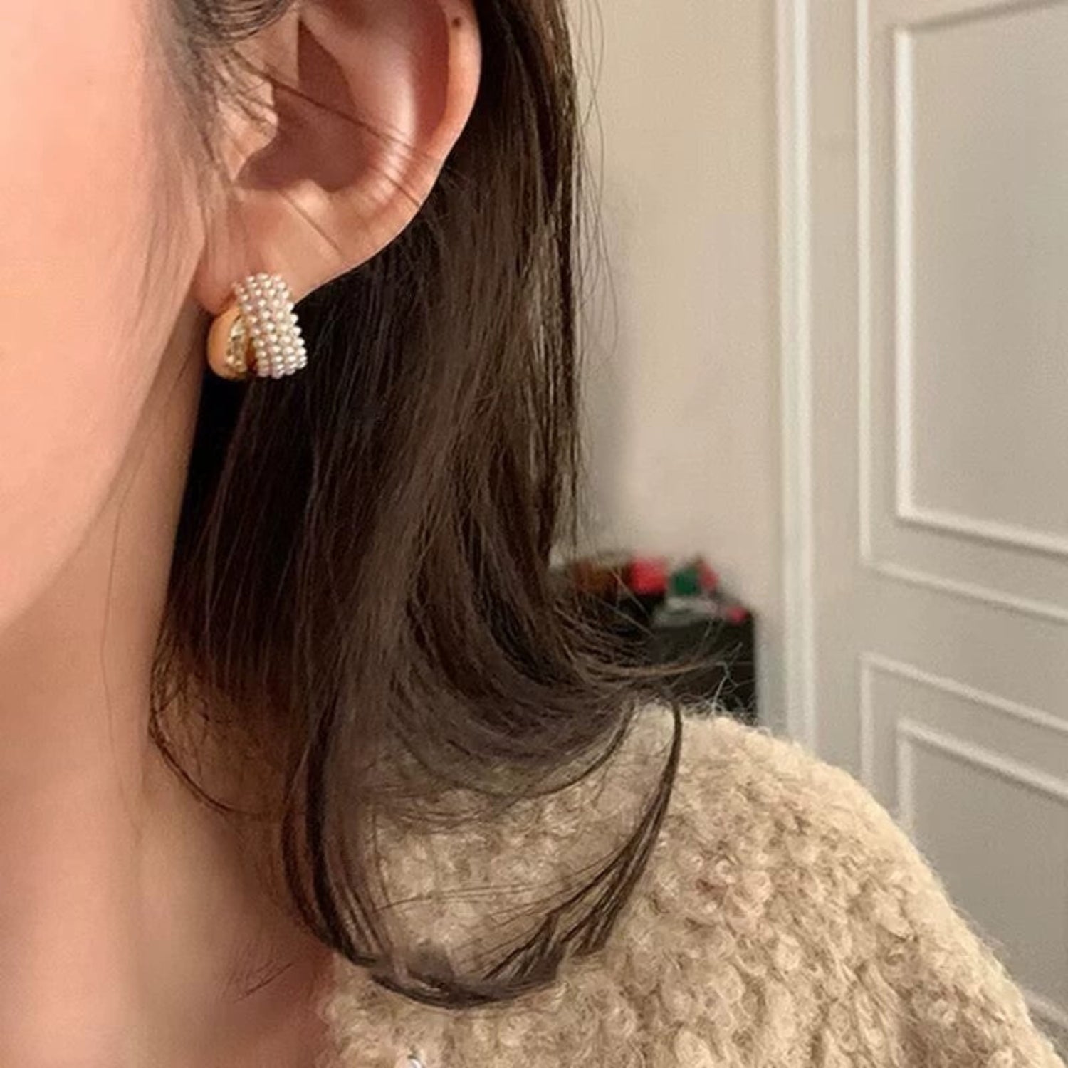 Layered Pearl Gold C-Hoop Earrings JLT13717