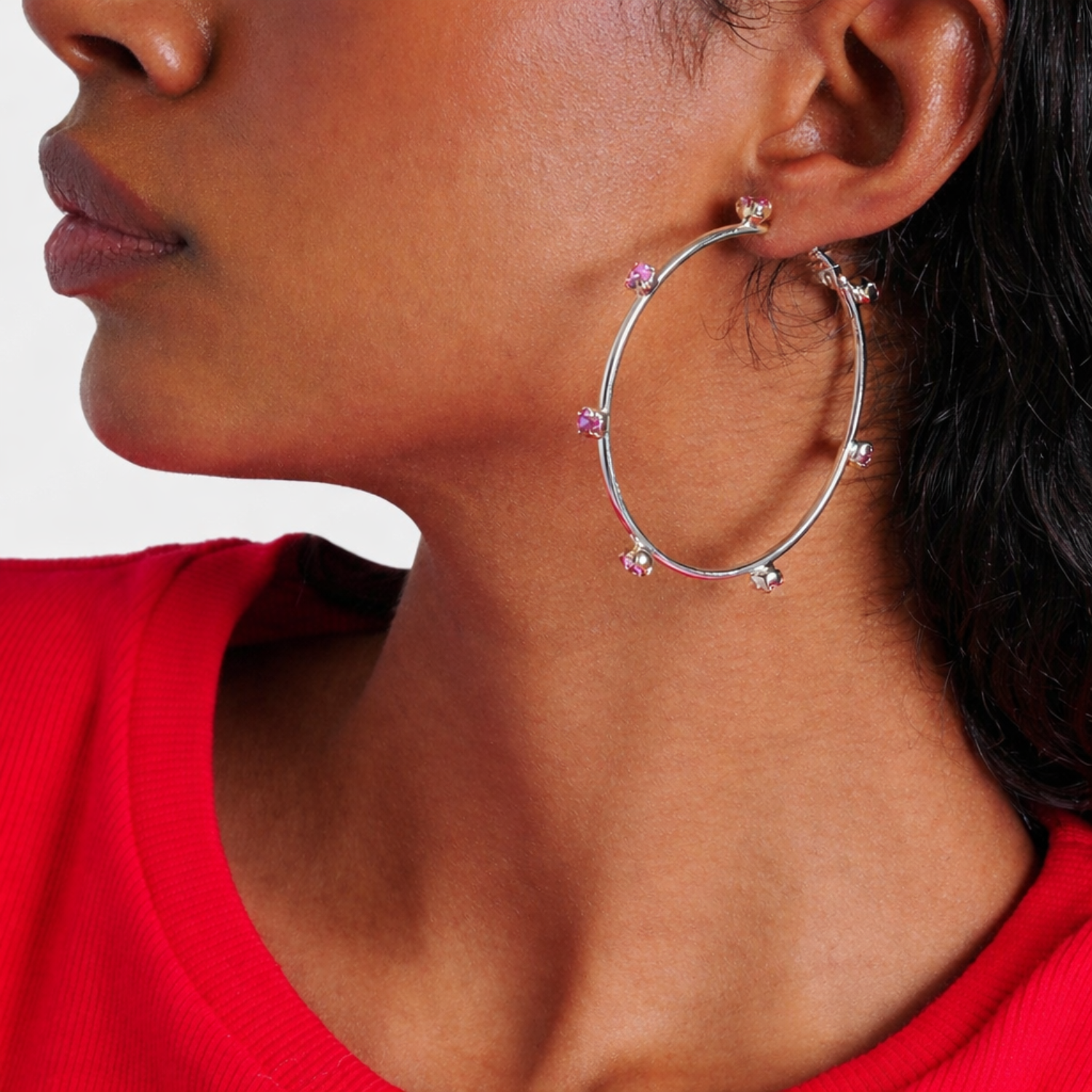 Silver Pink Crystal Hoop Earrings JLT13737