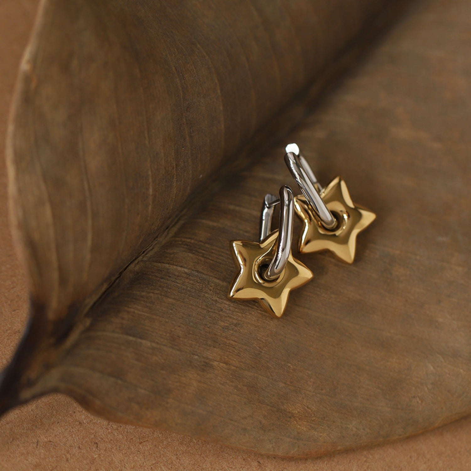 Two-Tone Star Charm Huggie Earrings JLT13748
