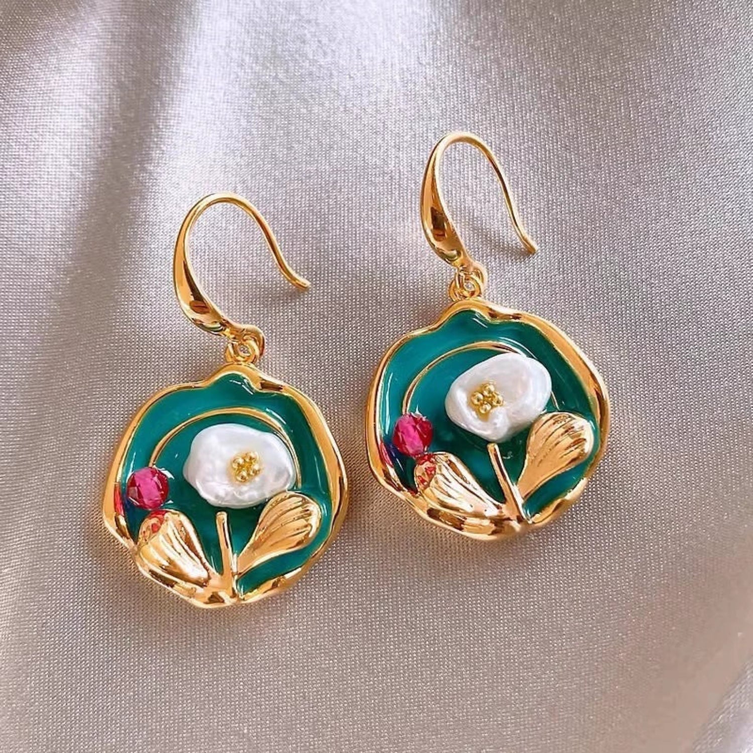 Gold Teal Floral Drop Earrings JLT13760