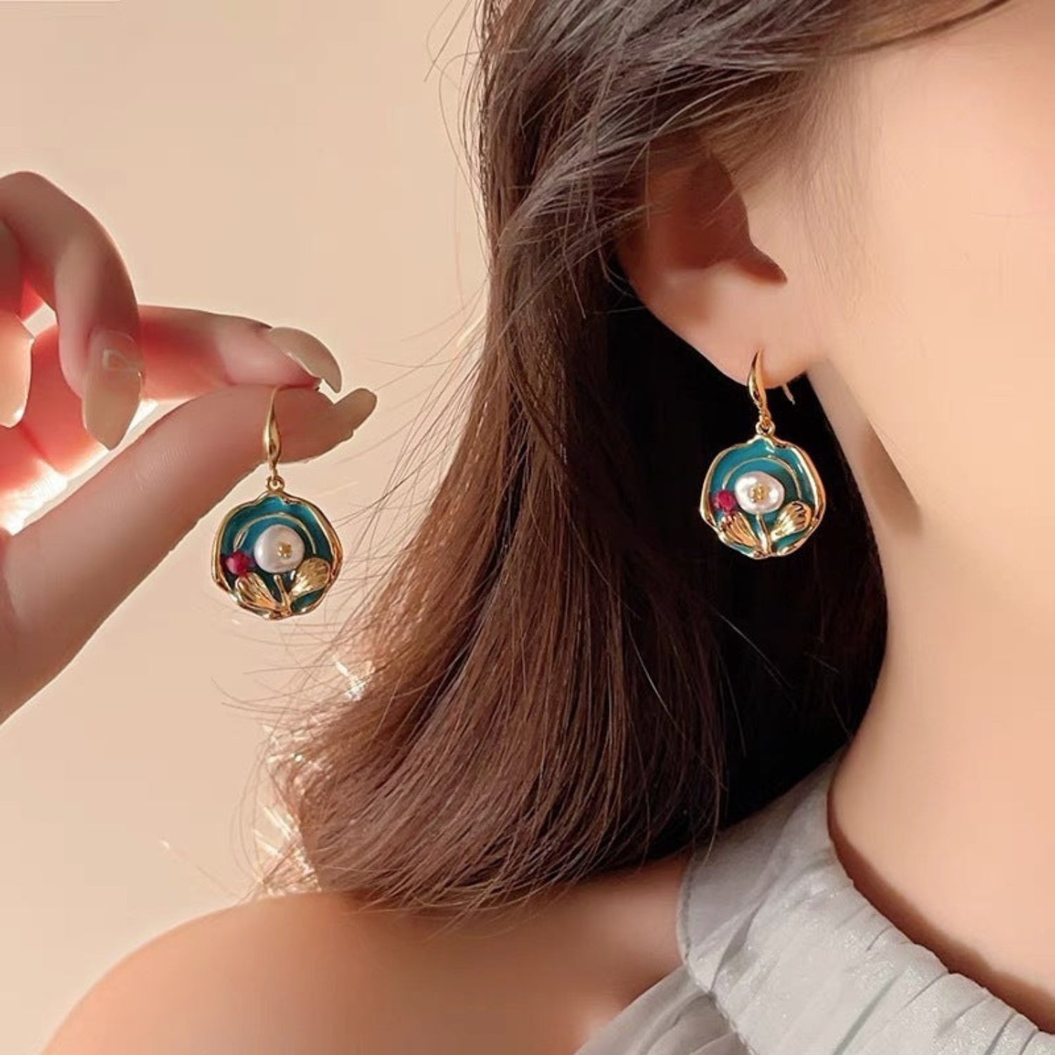 Gold Teal Floral Drop Earrings JLT13760