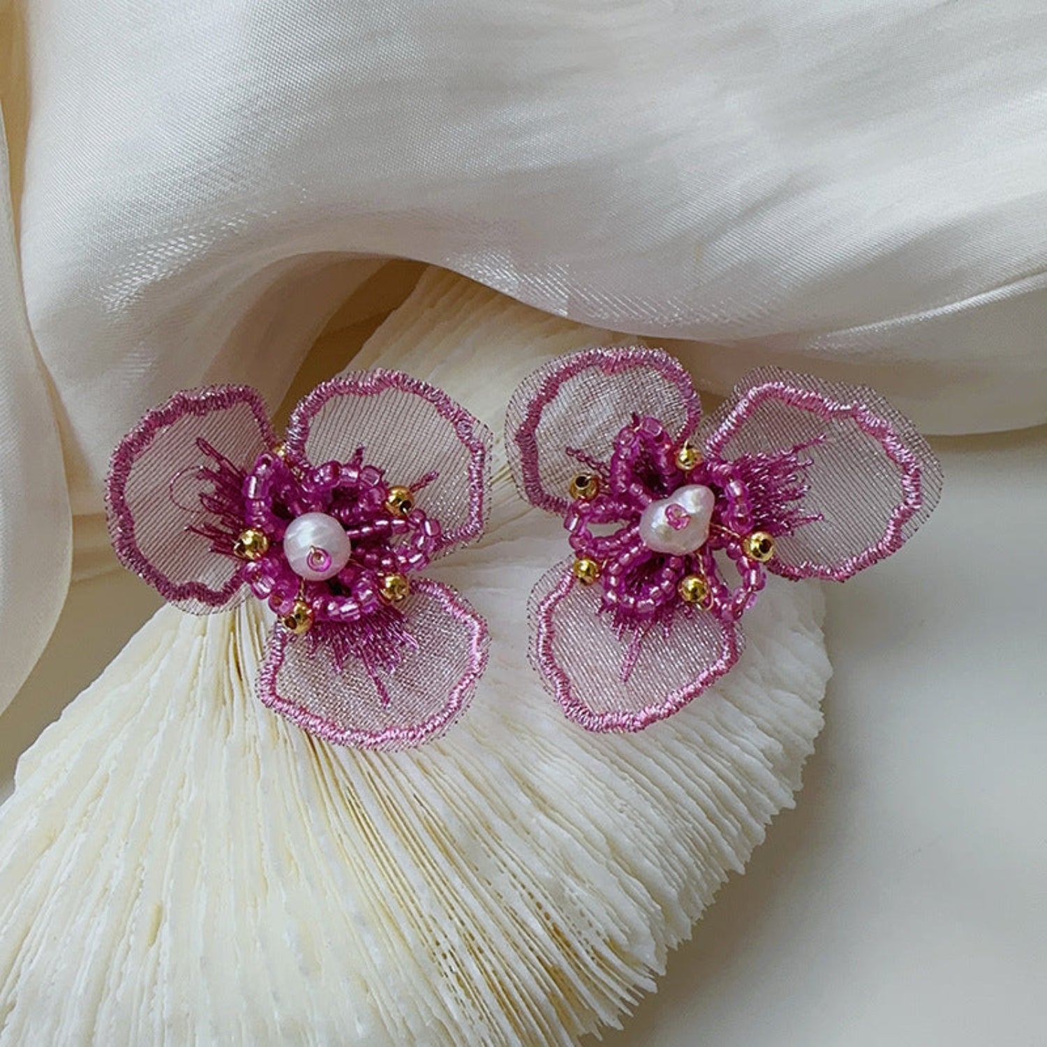 Pink Floral Pearl Statement Earrings JLT13771