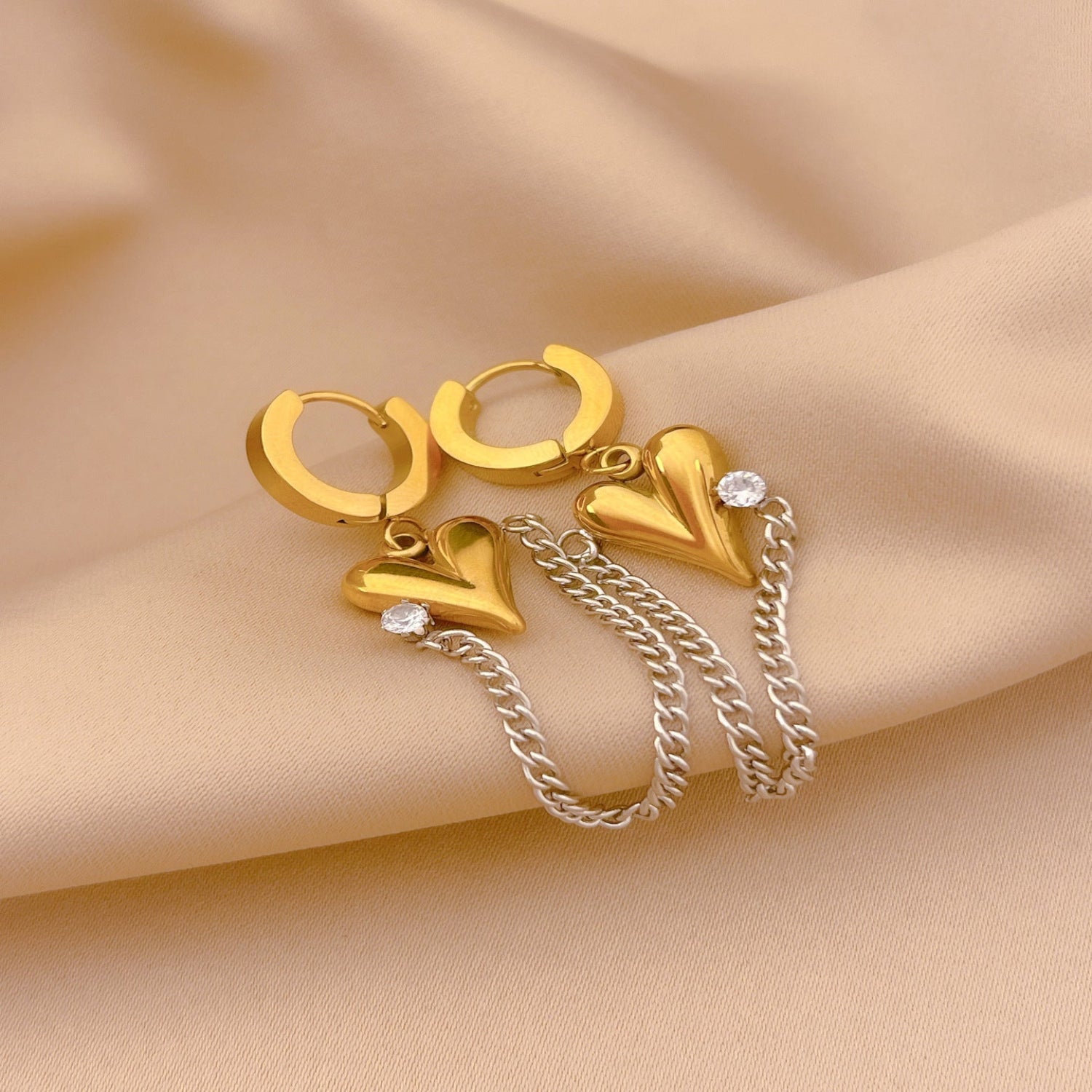 Gold Heart Silver Chain Earrings JLT13774