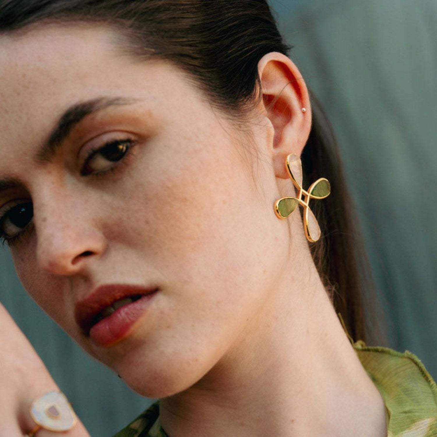 Gold Green White Cross Earrings JLT13778
