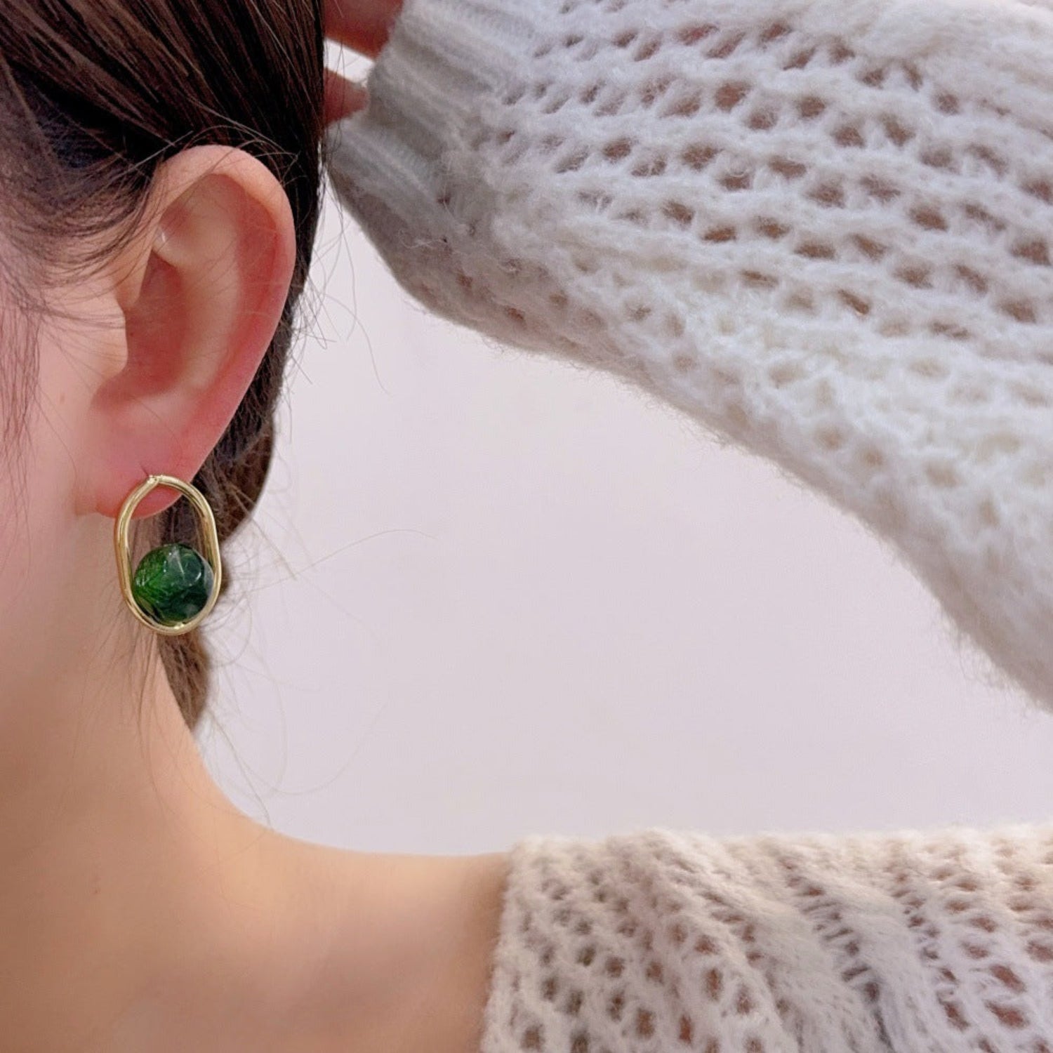 Gold Oval Green Stone Earrings JLT13786