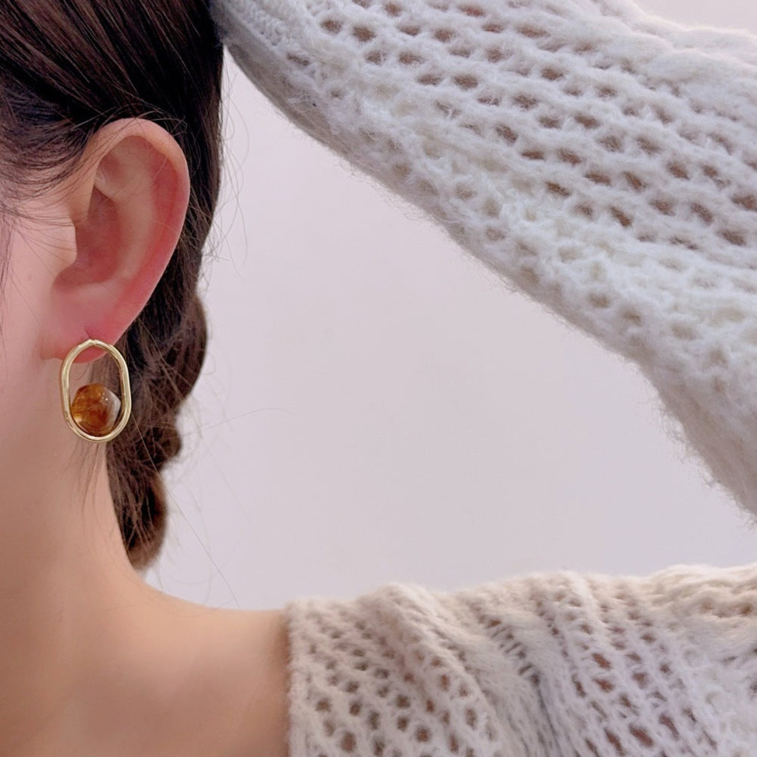 Gold Oval Brown Stone Earrings JLT13787