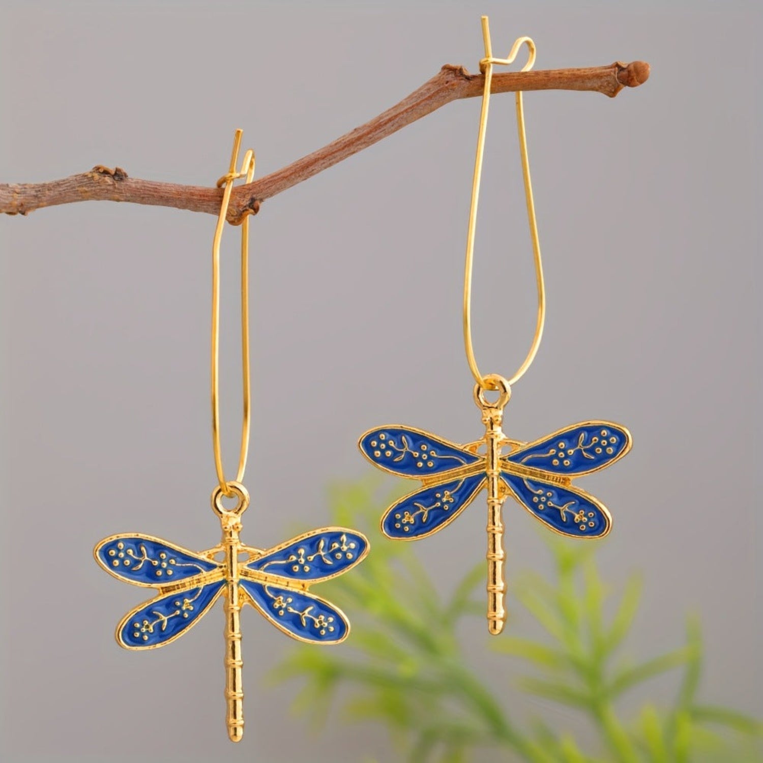 Blue Enameled Gold Dragonfly Earrings JLT13819