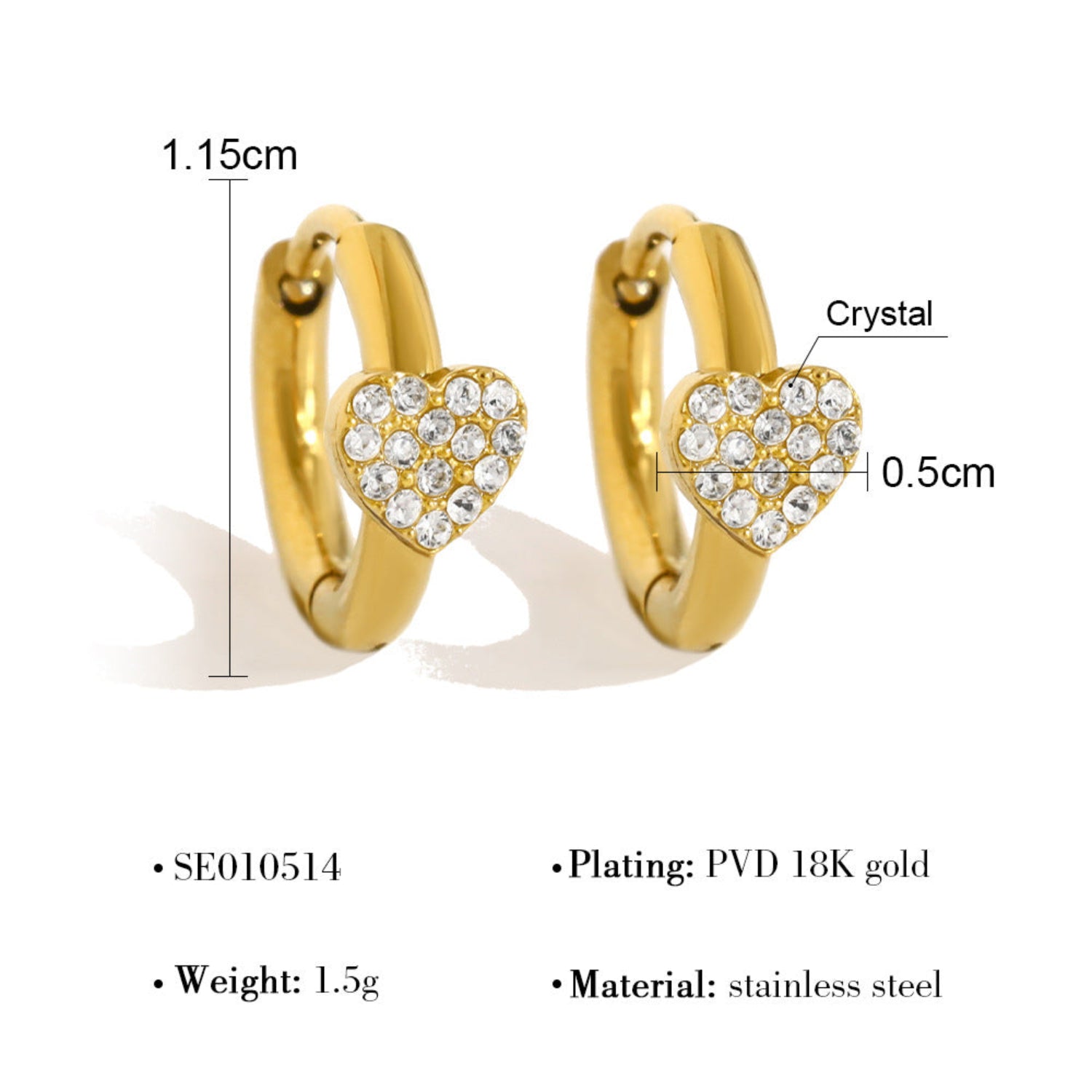 Gold Crystal Heart Huggie Earrings JLT13820