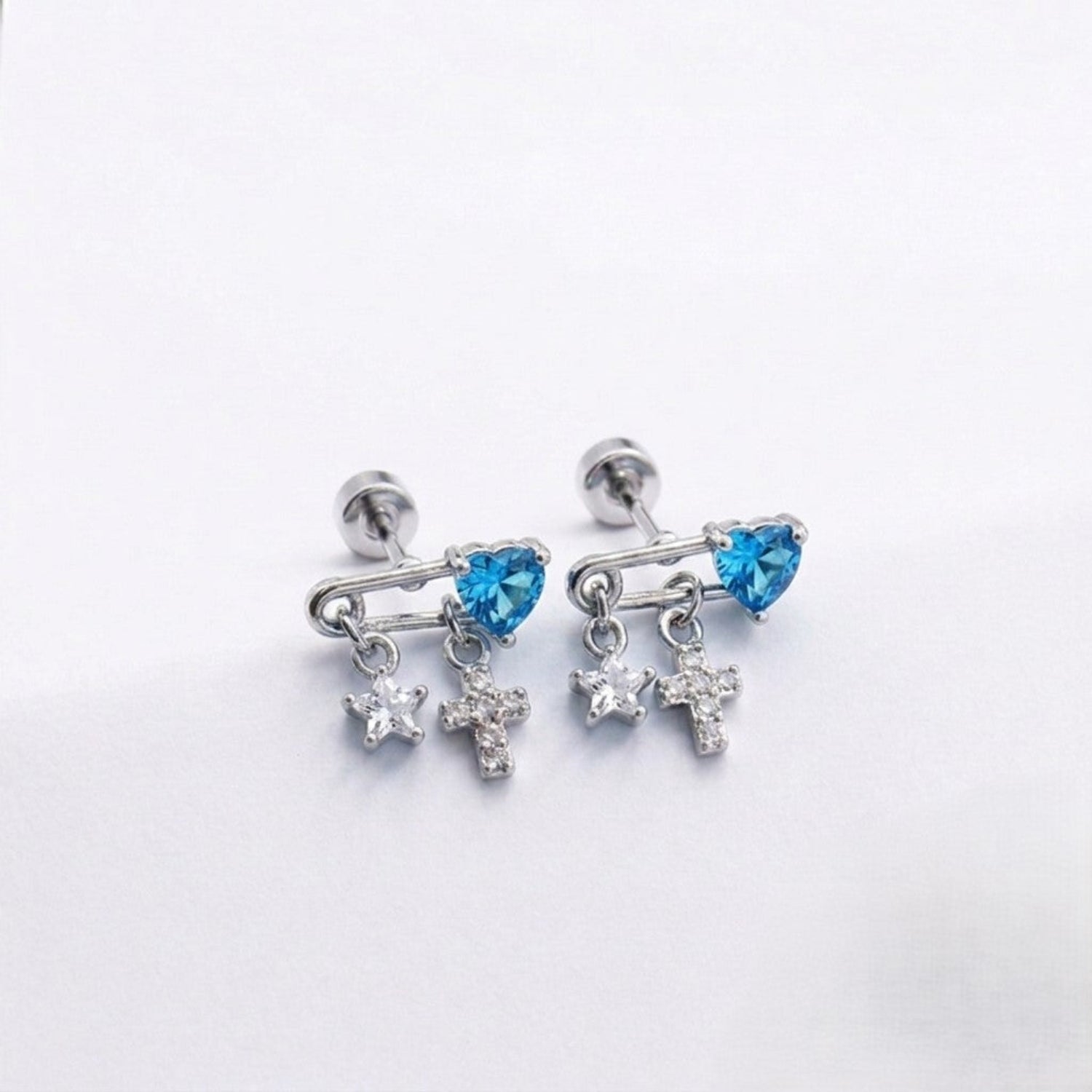 Blue Heart Safety Pin Earrings JLT13832