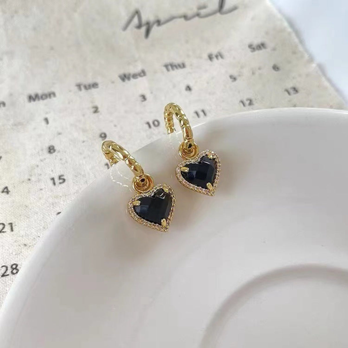 Golden Black Heart Crystal Huggie Earrings JLT14034