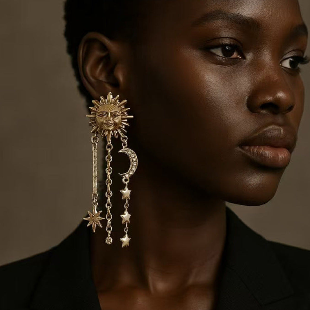 Golden Celestial Sun Moon Dangle Earrings JLT14046