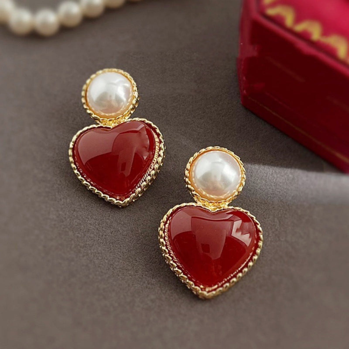 Golden Red Heart Pearl Earrings JLT14048