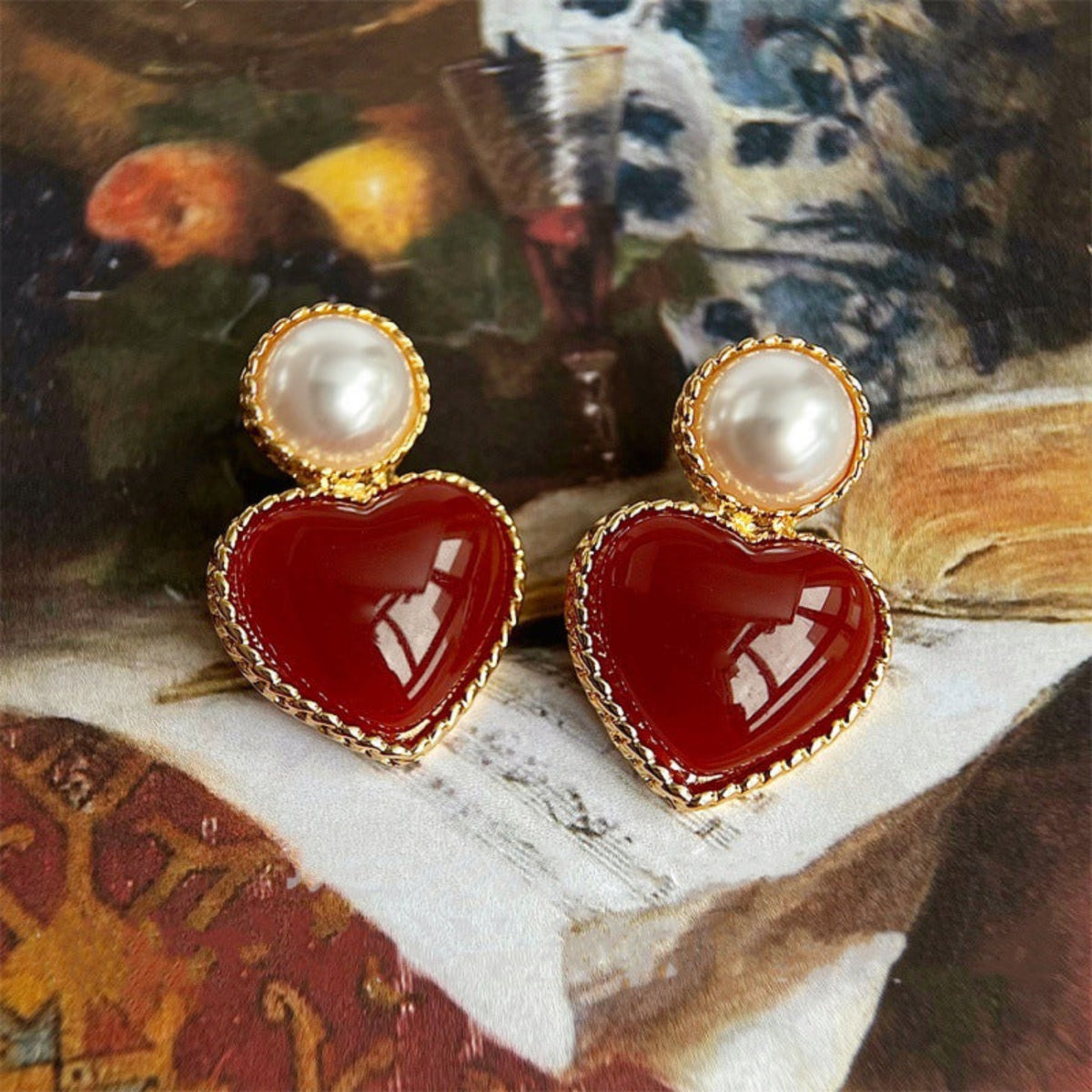 Golden Red Heart Pearl Earrings JLT14048