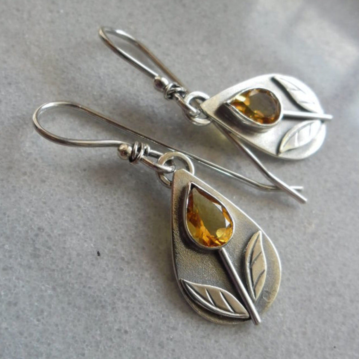 Silver Leaf Drop Earrings with Amber Stone JLT14050