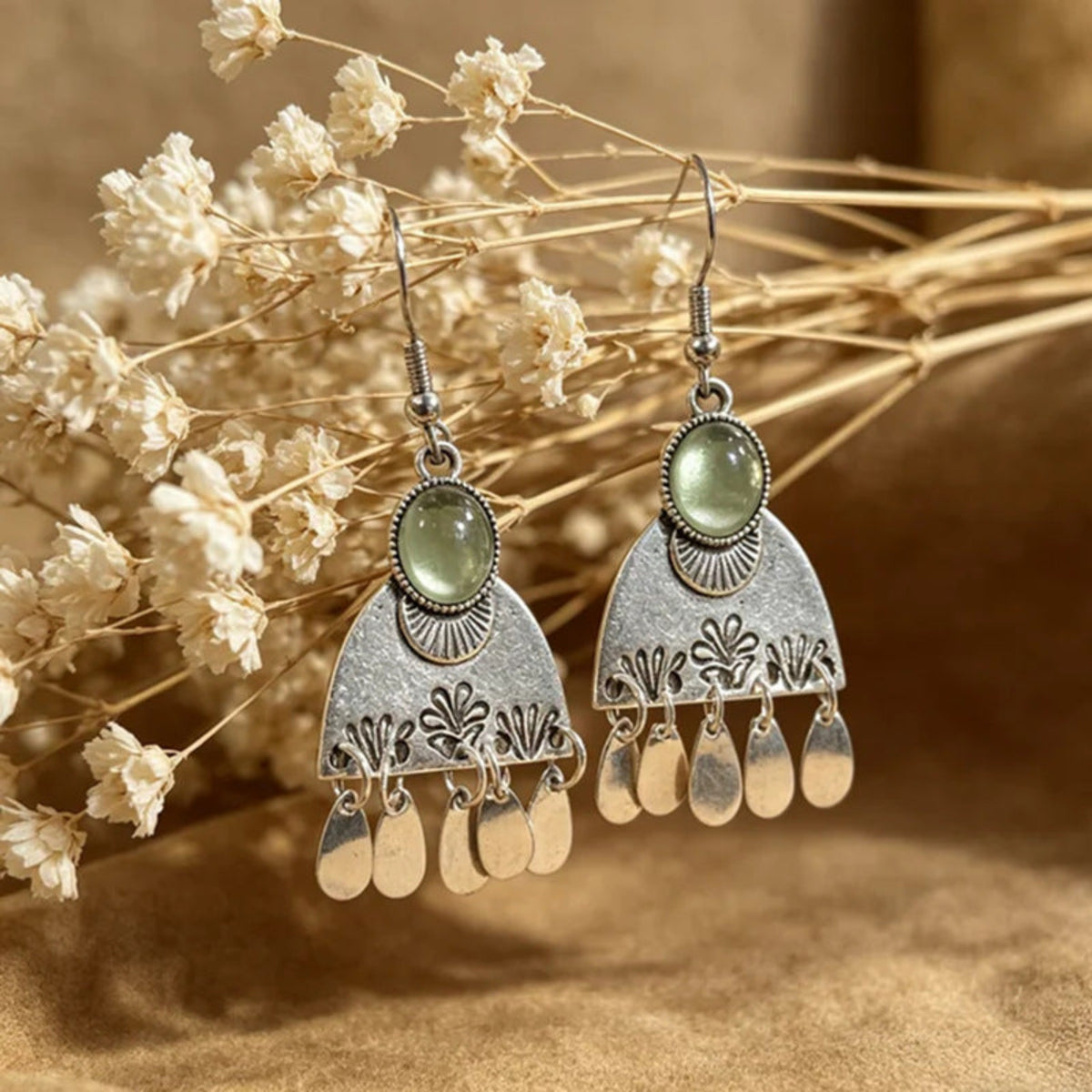 Antique Silver Jhumka Earrings with Green Beads JLT14051