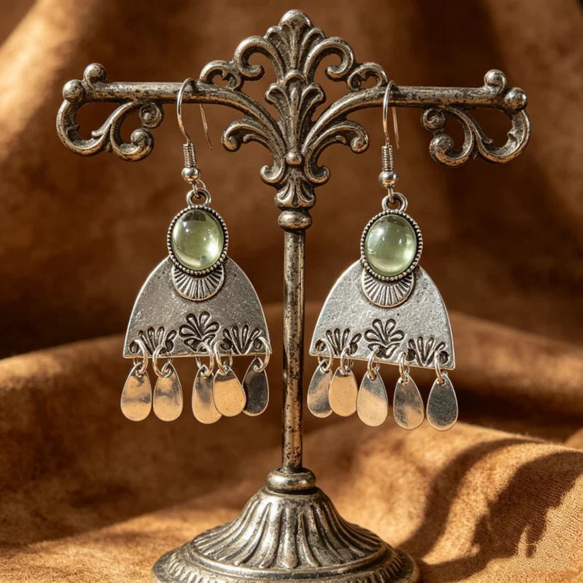 Antique Silver Jhumka Earrings with Green Beads JLT14051