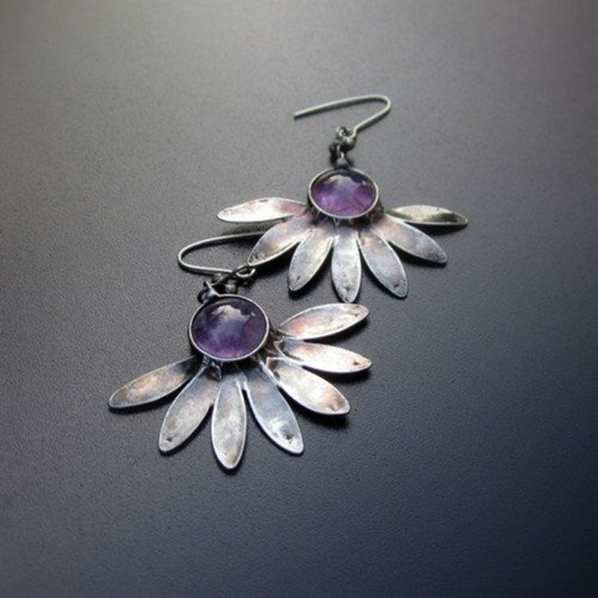 Purple Stone Silver Petal Statement Earrings JLT14055