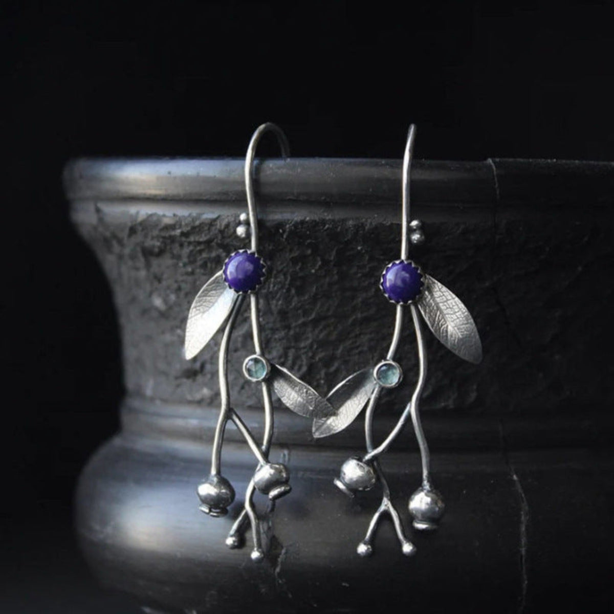 Purple Stone Silver Feather Drop Earrings JLT14070