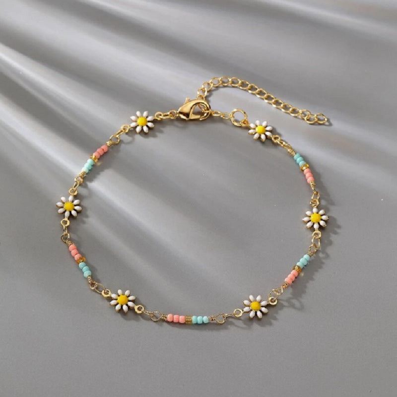Just Lil Things Daisy Charm Anklet with Multicolor Beads – Boho Floral Beach Style JLTAK0014