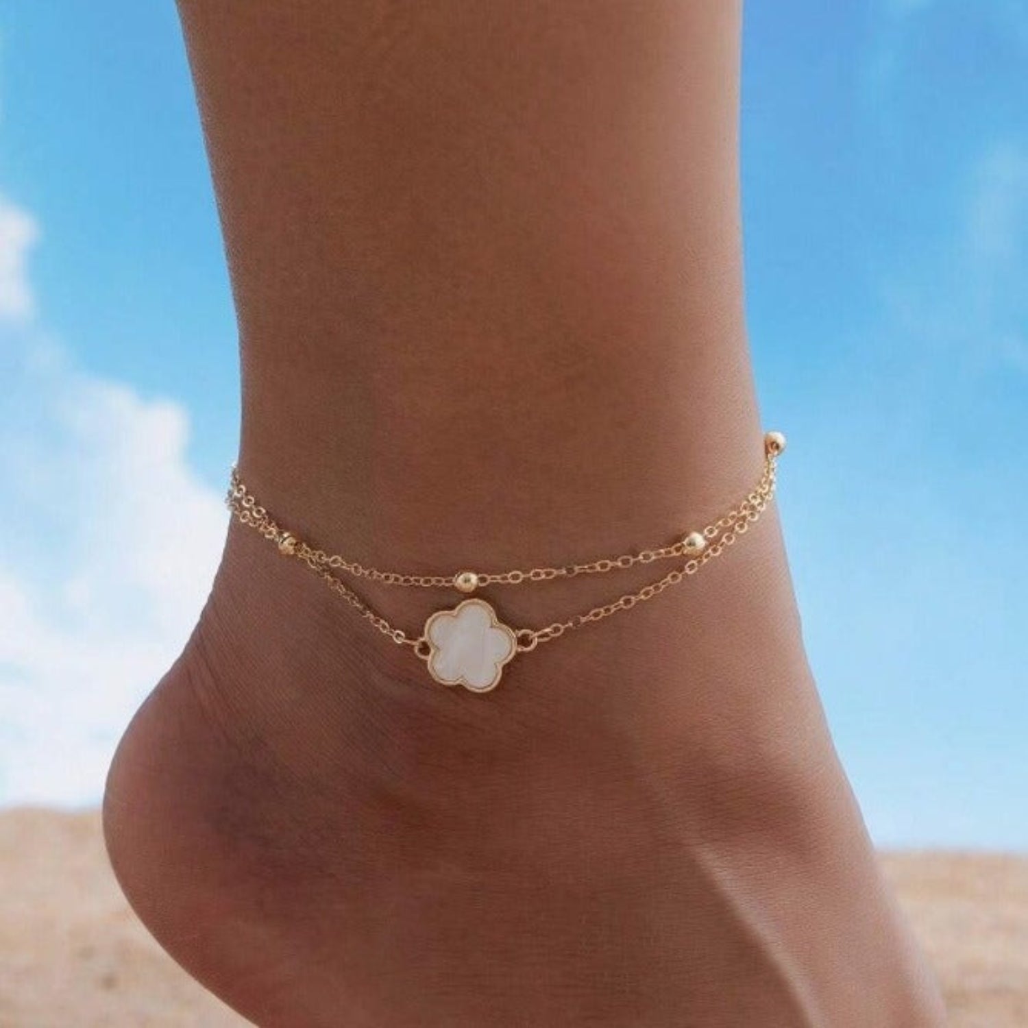 Just Lil Things Double Layer Anklet with White Clover Charm & Dainty Chain – Minimal Chic Design JLTAK0015