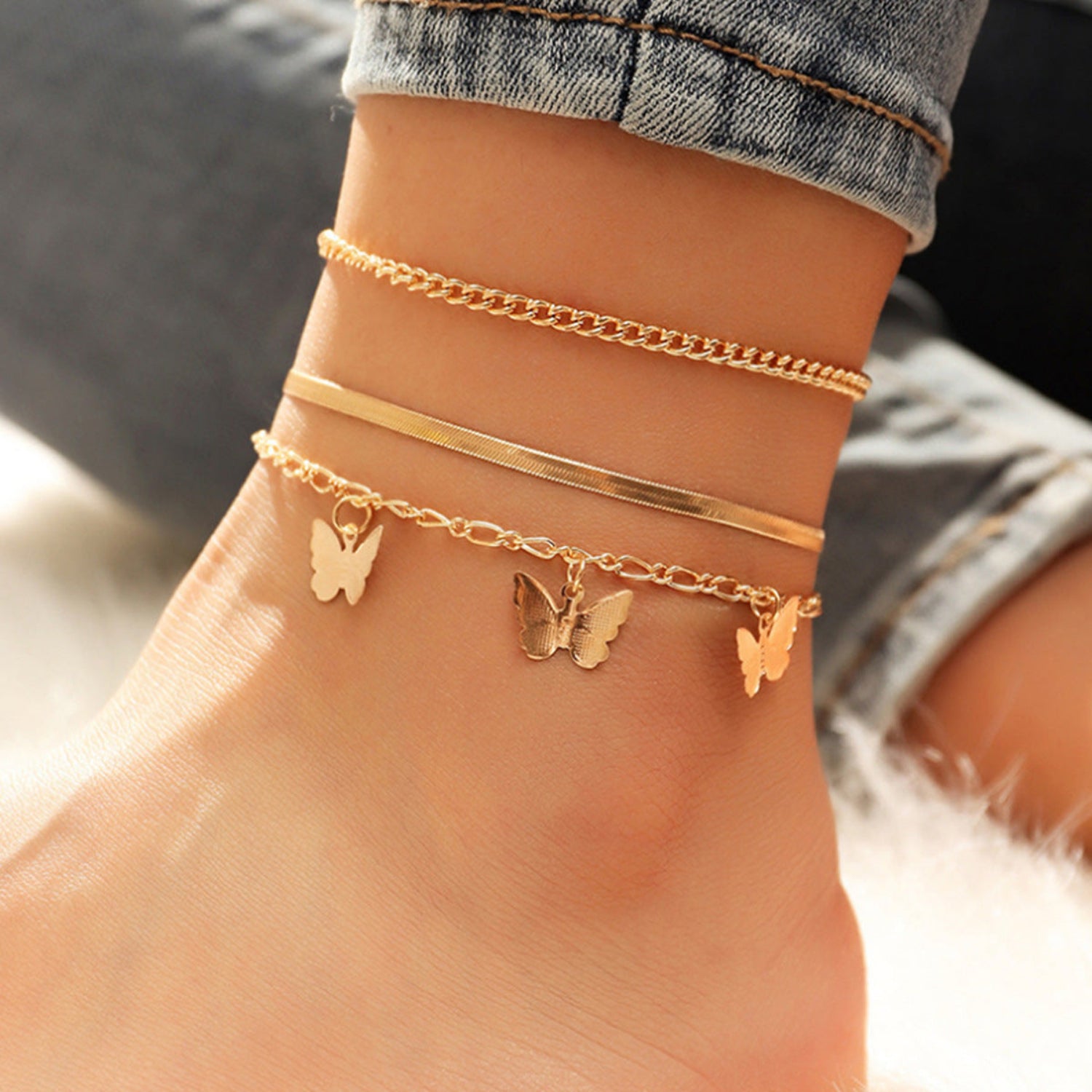 Triple Layer Anklet with Butterfly Charms & Mixed Chains JLTAK0017