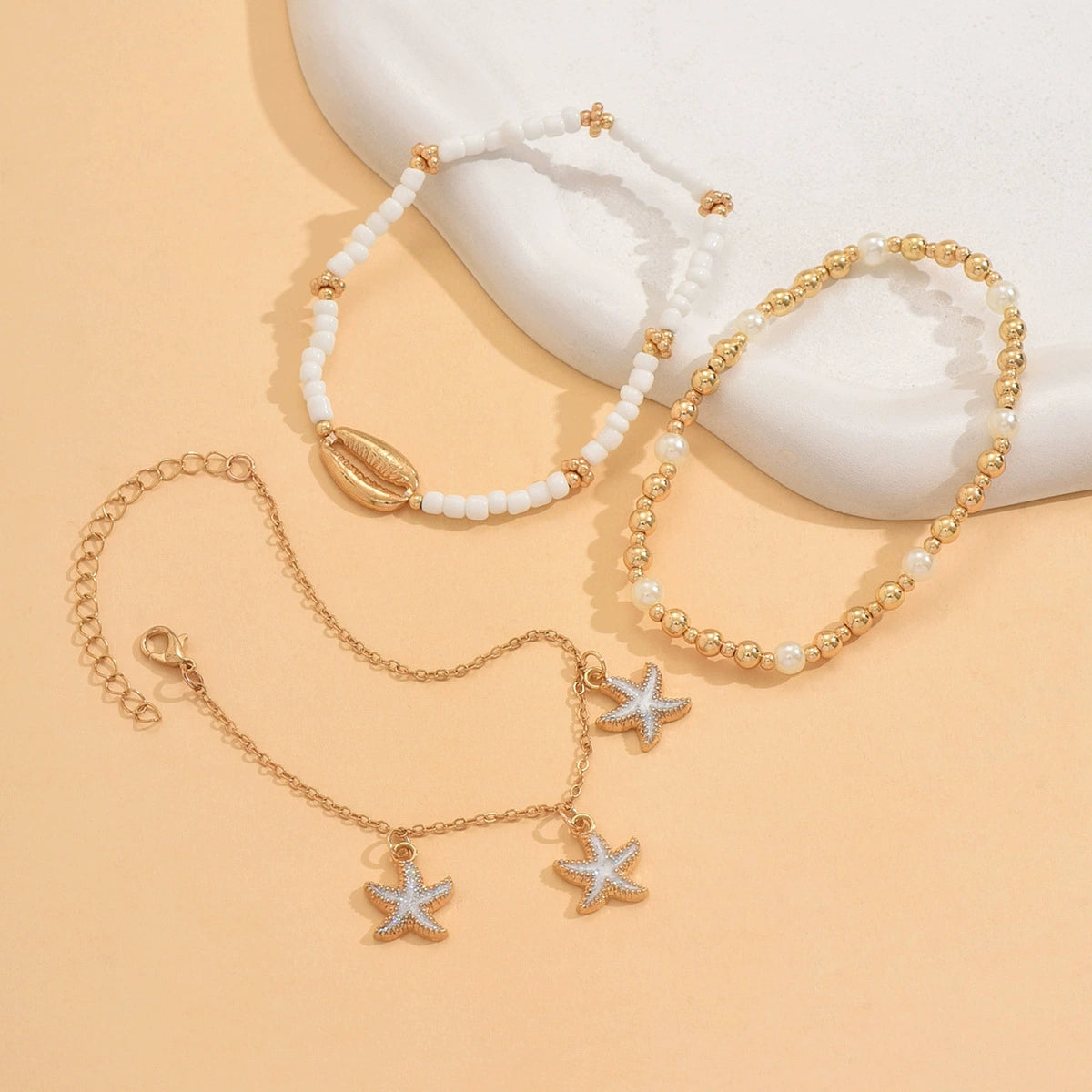 Just Lil Things Golden Starfish & Seashell Beaded Anklet Set JLTAK0027