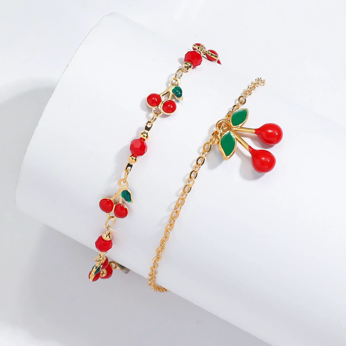 Just Lil Things Cherry Charm & Beaded Gold Anklet Set JLTAK0028