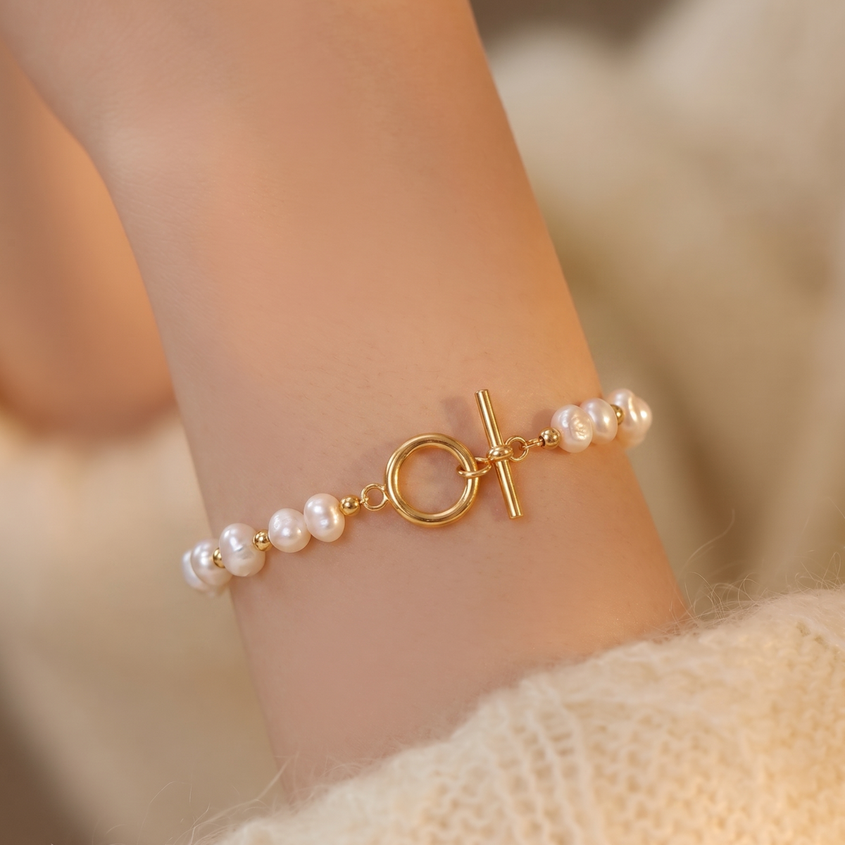 just-lil-things-artificial-Elegant Pearl & Gold Bead Bracelet with Toggle Clasp-jltb0359