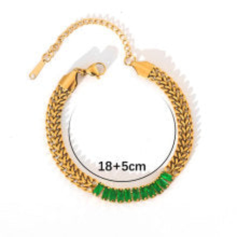 Double-layer braided chain baguette-cut green stones bracelet JLTB0678