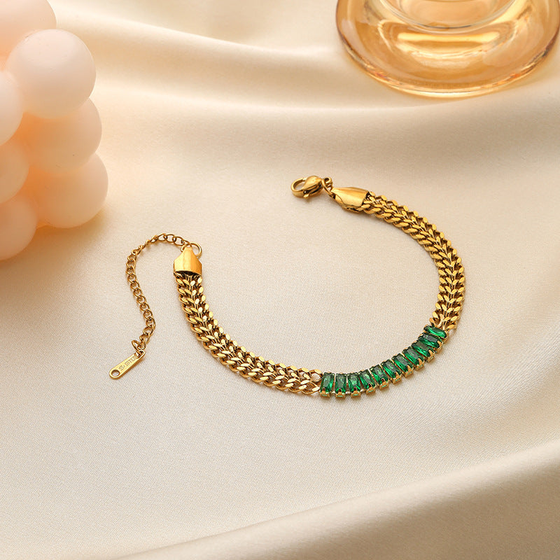 Double-layer braided chain baguette-cut green stones bracelet JLTB0678
