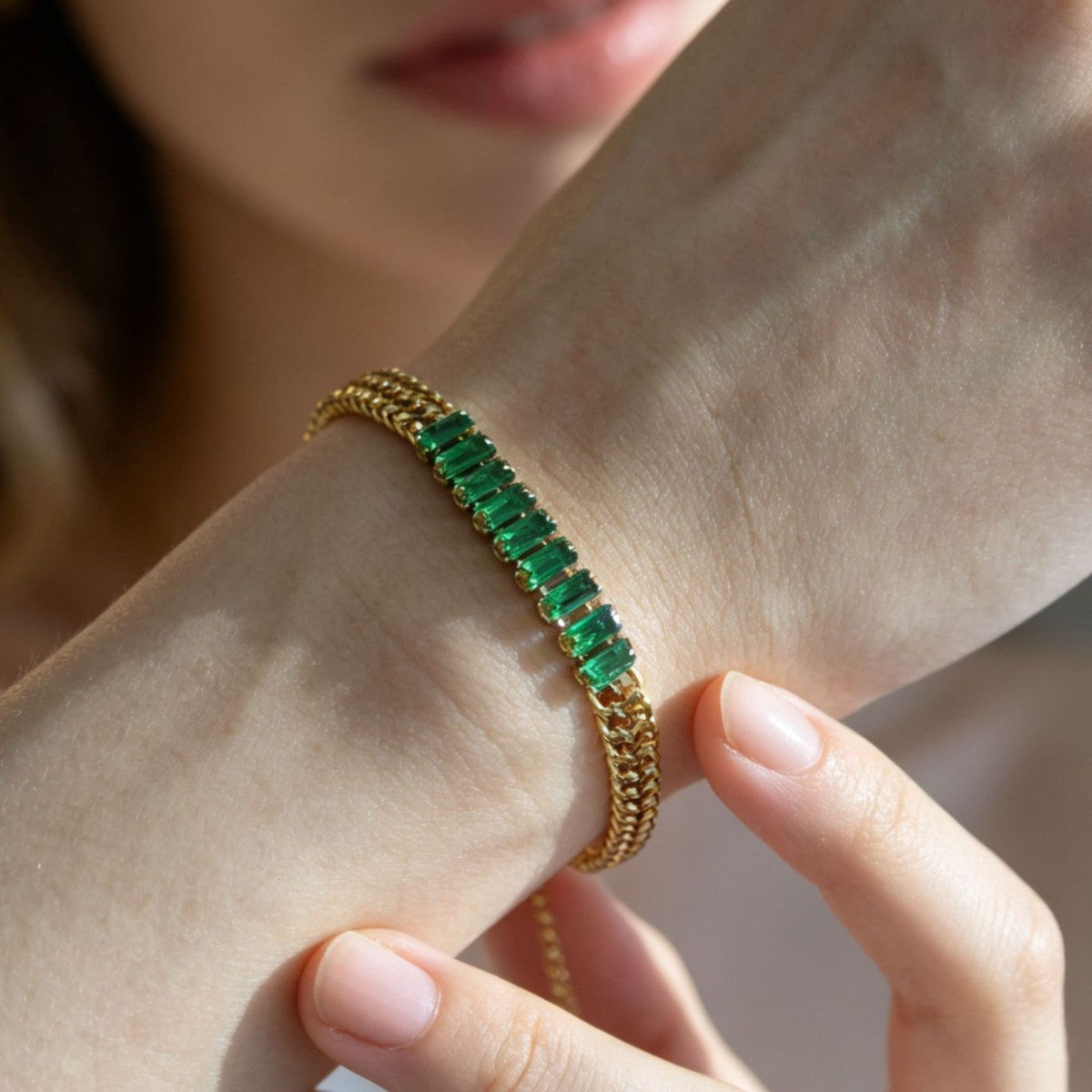 Double-layer braided chain baguette-cut green stones bracelet JLTB0678