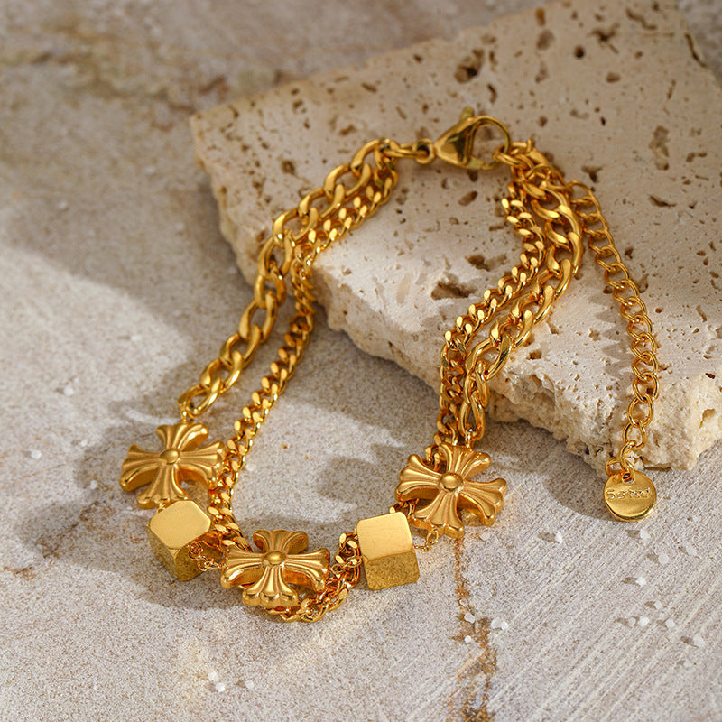 Elegant Multi-Layer Gold Chain Bracelet with floral and Cube Accents JLTB0686