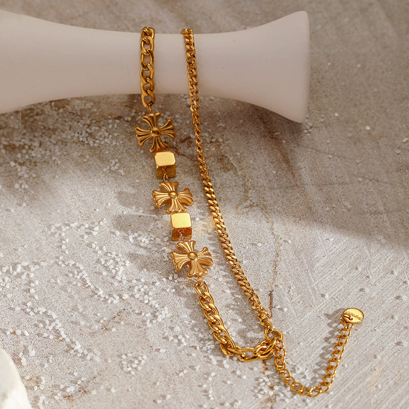 Elegant Multi-Layer Gold Chain Bracelet with floral and Cube Accents JLTB0686