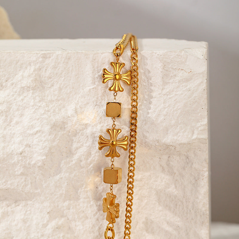 Elegant Multi-Layer Gold Chain Bracelet with floral and Cube Accents JLTB0686