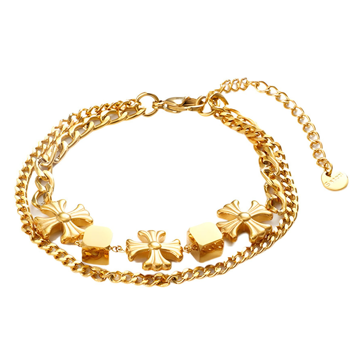 Elegant Multi-Layer Gold Chain Bracelet with floral and Cube Accents JLTB0686