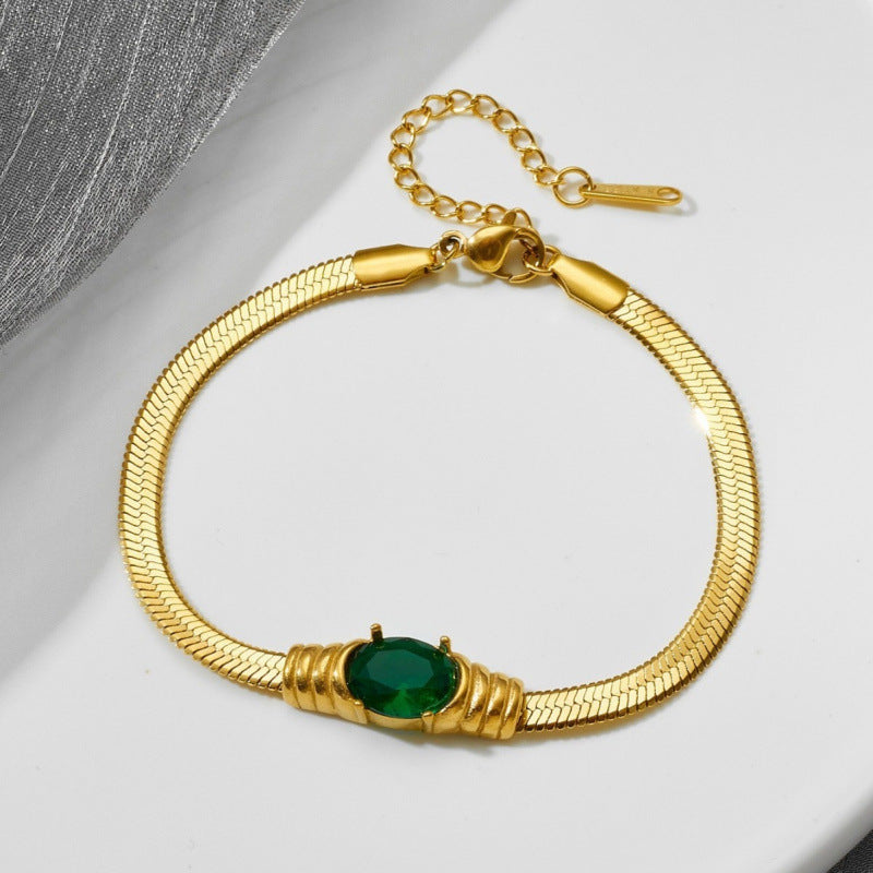Elegant Snake Chain Bracelet with Emerald Green Stone JLTB0694