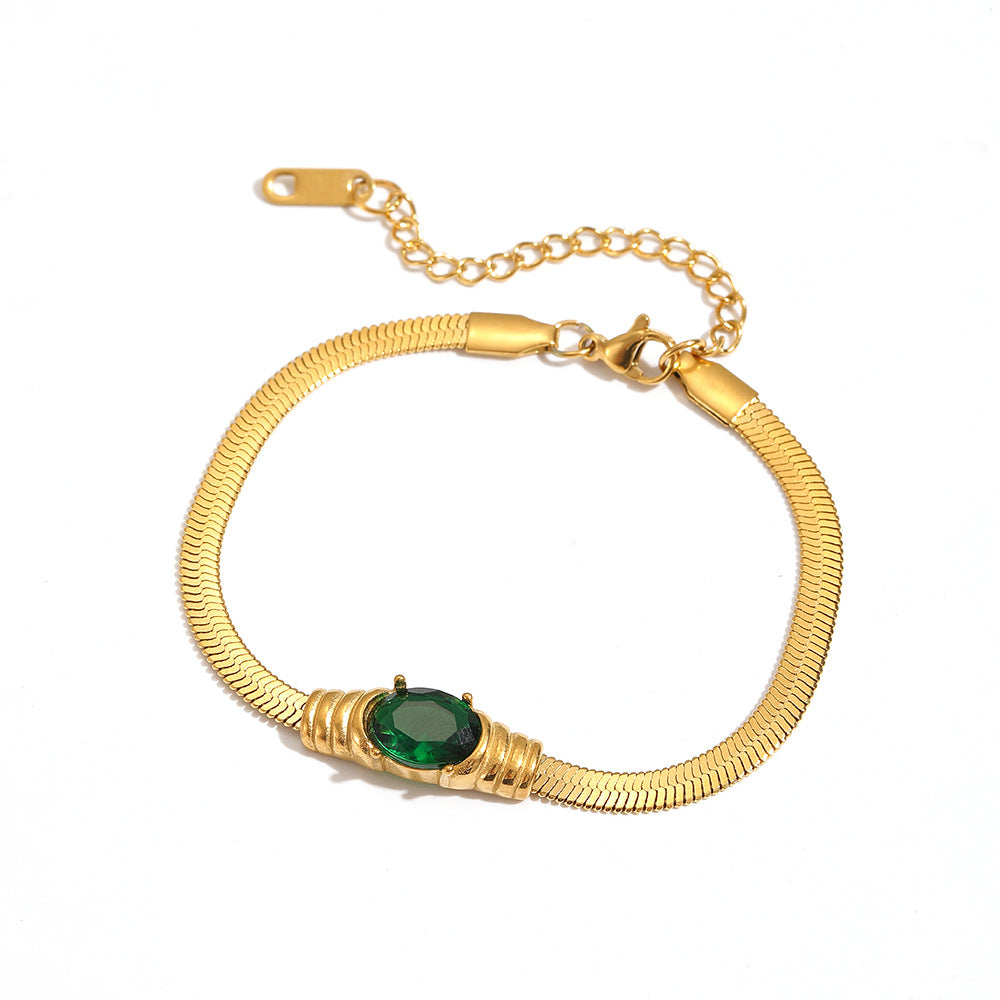 Elegant Snake Chain Bracelet with Emerald Green Stone JLTB0694