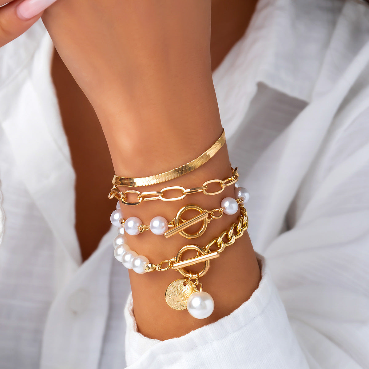 Elegant Gold and Portrait Pearl Stack Bracelet set JLTB0813