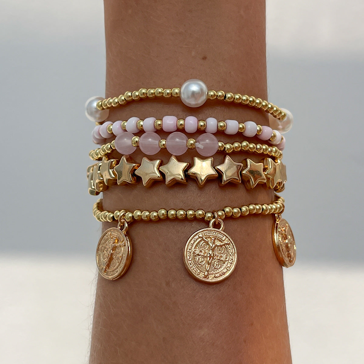 Charmed Beaded Stack Pink and Gold Bracelet Set JLTB0820