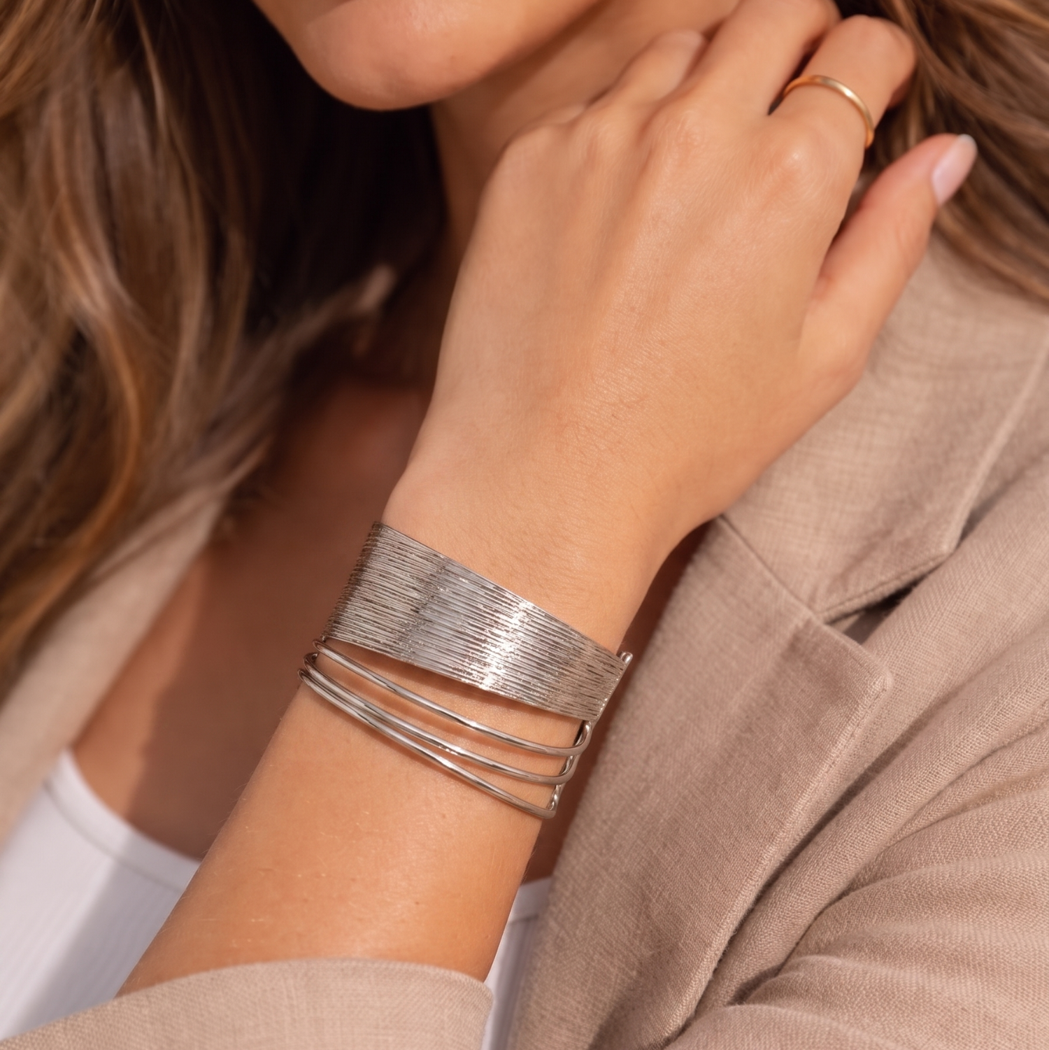 Modern Etched Silver Cuff with Triple Rod Detail Bracelets JLTB0846