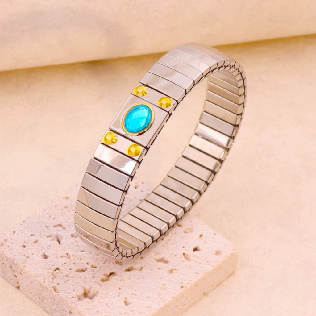 Just Lil Things Silver-Toned Stretch Bracelet with Turquoise Oval Stone Yellow Crystal Accents JLTB0858