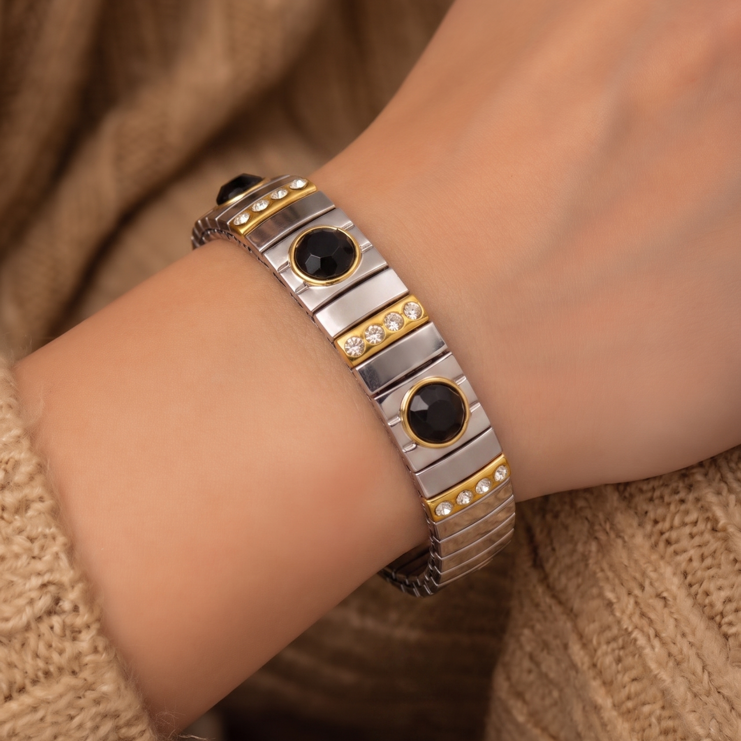 Just Lil Things Silver-Toned Stretch Bracelet with Black Faceted Stones & Crystal-Studded Gold Accents JLTB0860