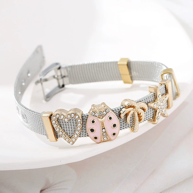 Just Lil Things Charming Silver Mesh Bracelet with Playful Gold and Crystal Accents JLTB0862