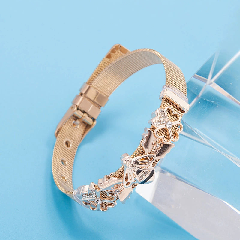 Just Lil Things Rose Gold Mesh Bracelet with Butterfly & Crystal-Accented Flower Charms JLTB0865