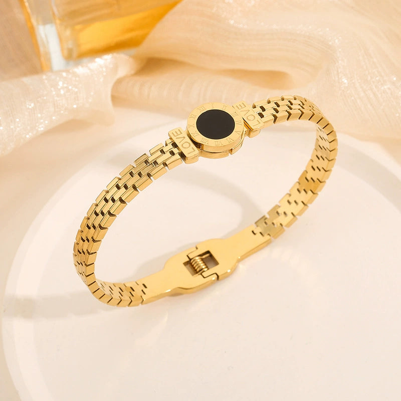 Just Lil Things Gold Link Bracelet with Black Enamel Round Charm JLTB0871