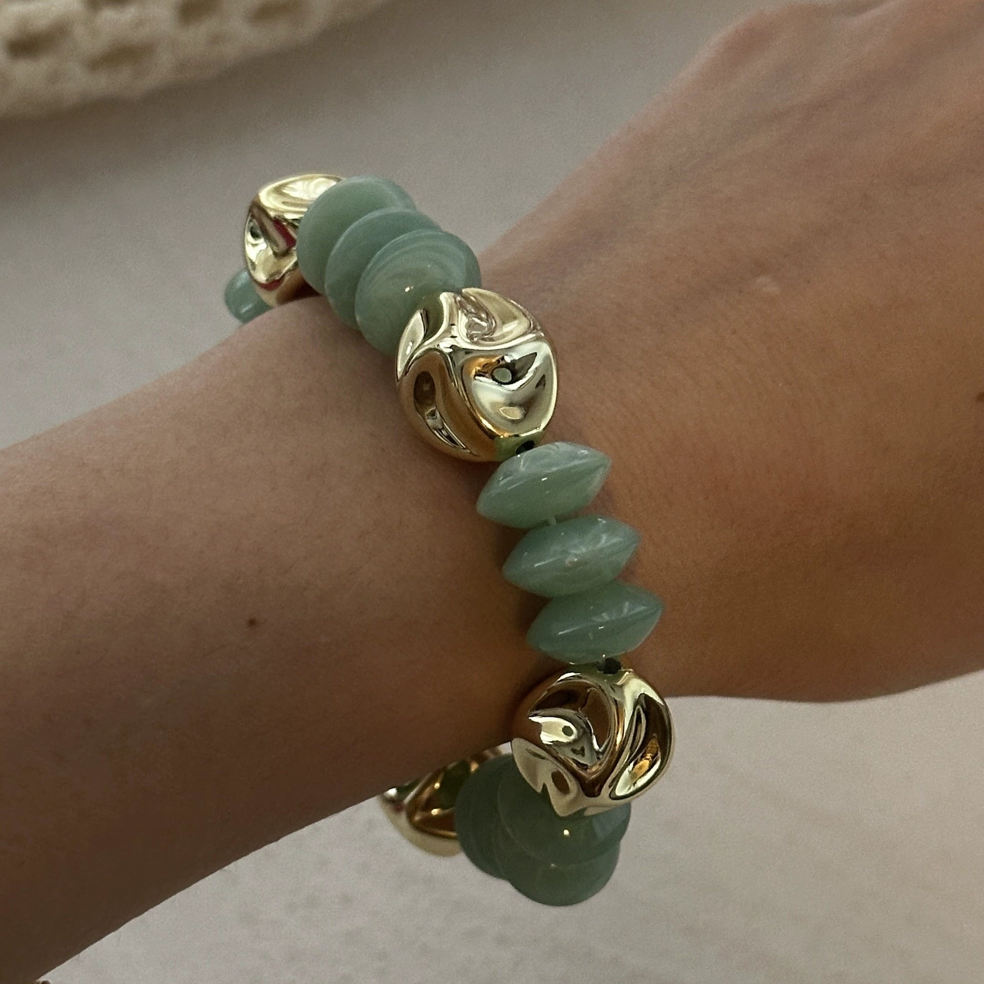 Just Lil Things Sage Green Beaded Bracelet with Gold Orb Design JLTB0881
