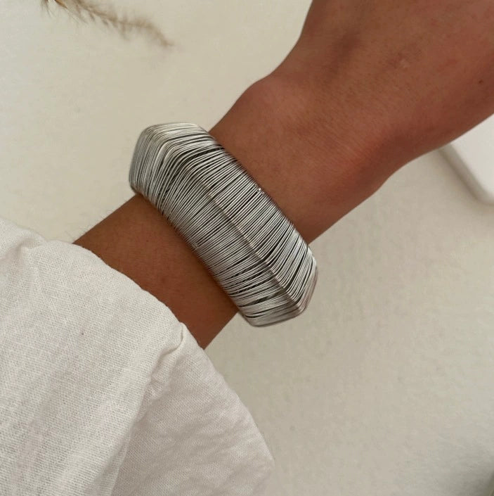 Just lil Things Textured Silver Dome Bangle – Layered Wire Design JLTB0889